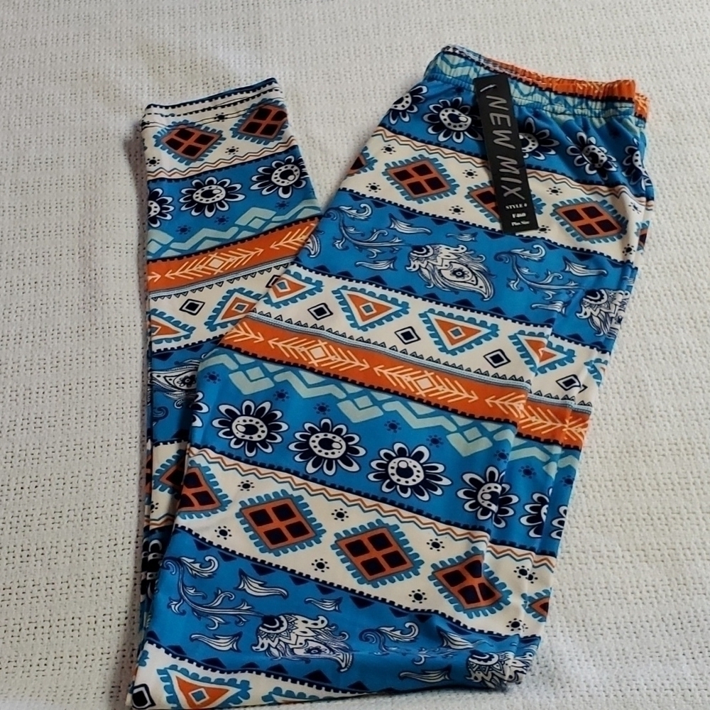 New Mix Graphic Colorful Elastic Pullon Thick Winter Orange & Teal Sz PLUS Pants